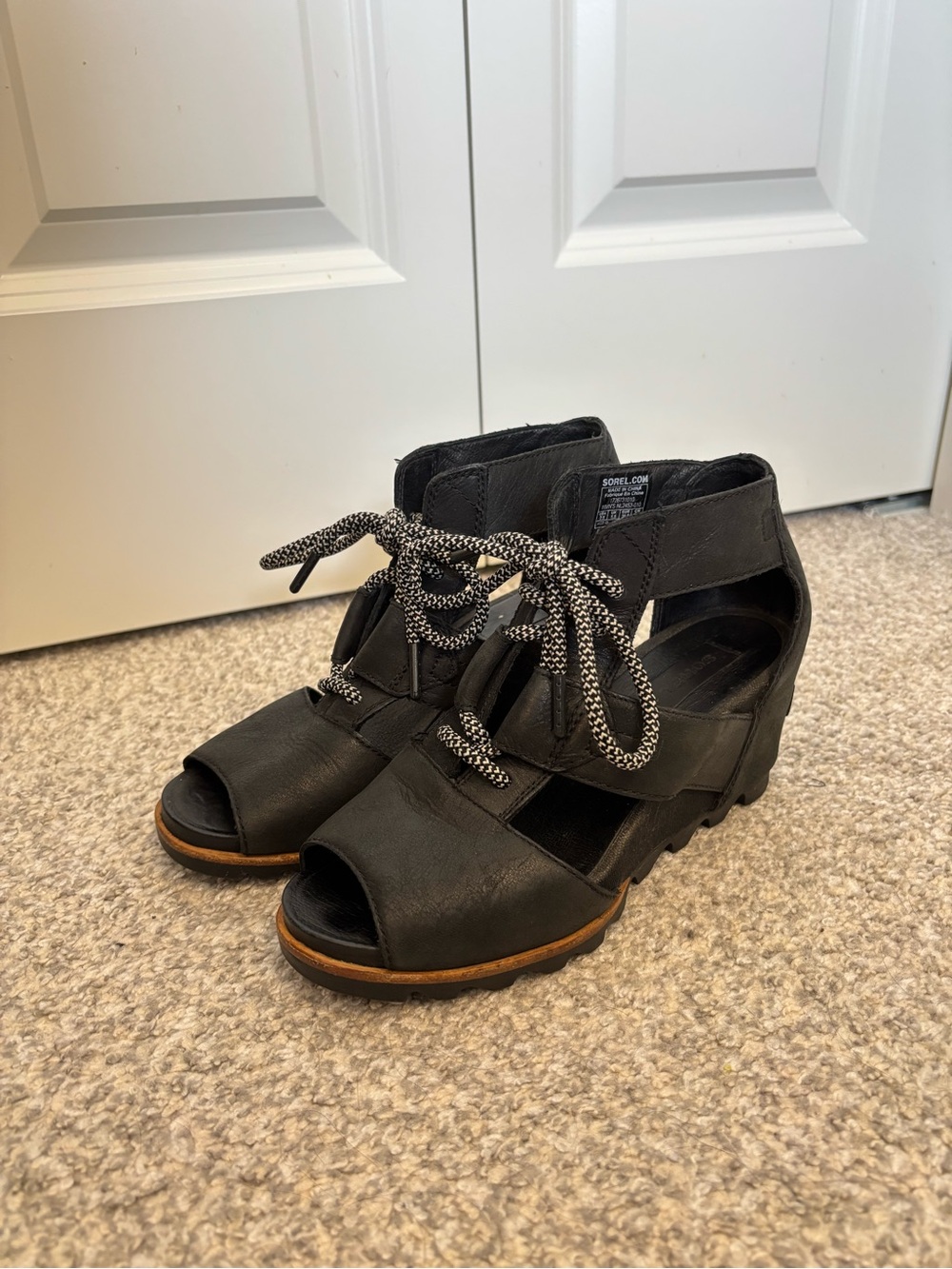 Sorel Black Open-Toe Lace-Up Wedge Boots